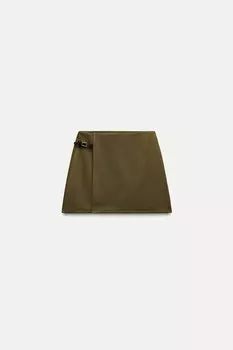 Мини-юбка из твила с пряжкой ZARA, средне-зеленый