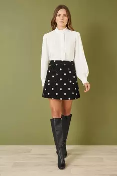 Мини юбка из вельвета с вышитыми ромашками Yumi, черный