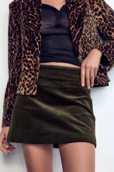 Мини-юбка из вельвета ZARA, темный хаки