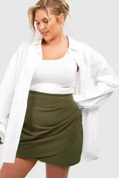Мини-юбка Plus со сборками и запахом boohoo, хаки