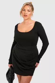 Мини-юбка Plus со сборками и запахом boohoo, черный