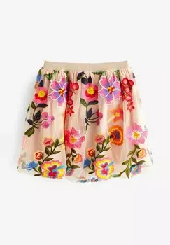 Мини-юбка Pull-On-Regular Fit Next, розовая с цветочной вышивкой