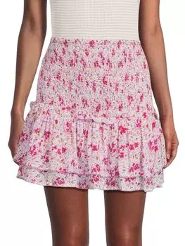 Мини-юбка с цветочным принтом и сборками Poupette St Barth, цвет White Pink