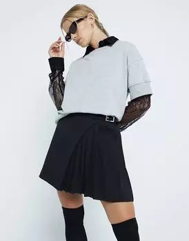 Мини-юбка с поясом и складками черного цвета River Island