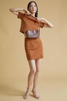 Мини-юбка с разрезом и узором на талии с нормальной талией и детальной отделкой DeFacto, коричневый