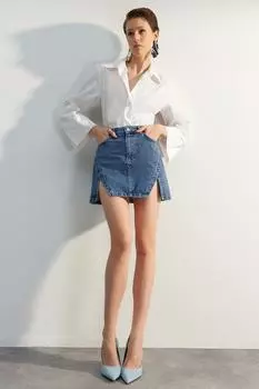 Мини-юбка Trendyol с разрезом, синий