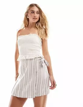 Мини-юбка Vero Moda из льна с запахом в бежевую полоску