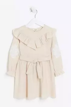 Мини уютное платье для девочки с вышивкой River Island, коричневый