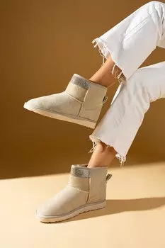 Мини-женские плюшевые мини-сапоги и ботильоны Shiny Stone Inside из замши 007-1994-23 Pembe Potin, бежевый