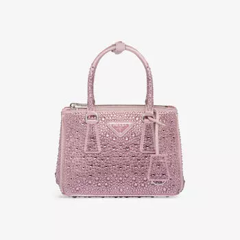 Миниатюрная атласная сумка Galleria, украшенная кристаллами Prada, розовый
