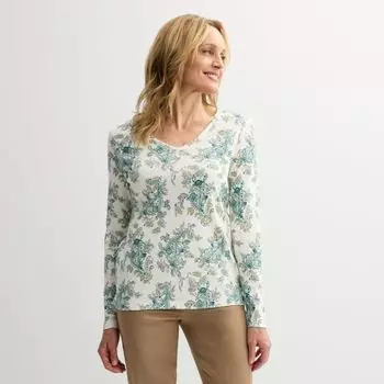 Миниатюрная базовая блузка с длинным рукавом и v-образным вырезом Croft & Barrow, цвет cream chic paisley