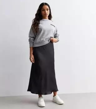 Миниатюрная черная атласная юбка-миди косого кроя New Look, черный