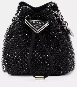Миниатюрная декорированная атласная сумка-ведро Prada, черный