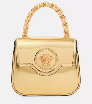 Миниатюрная кожаная сумка-тоут la medusa с эффектом металлик Versace, золото