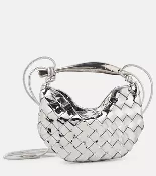 Миниатюрная кожаная сумка-тоут sardine с эффектом металлик Bottega Veneta, серебро