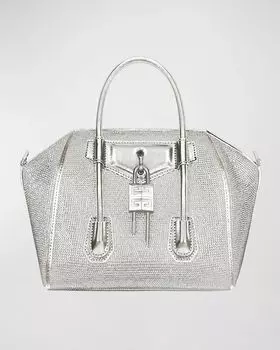 Миниатюрная сумка Antigona Lock с верхней ручкой из атласных стразов Givenchy, цвет Silvery Grey