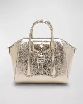 Миниатюрная сумка Antigona Lock с верхней ручкой из ламинированной кожи цвета металлик Givenchy, цвет Dusty Gold