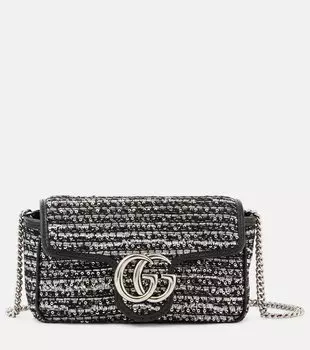 Миниатюрная сумка GG Marmont с вышивкой из твида через плечо Gucci, Black Silver / Black
