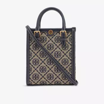 Миниатюрная жаккардовая сумка-тоут T Monogram из смесового хлопка Tory Burch, темно-синий