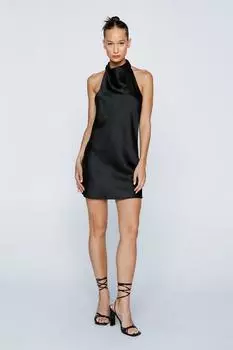 Миниатюрное атласное мини-платье с воротником-хомутом и воротником-стойкой Nasty Gal, черный