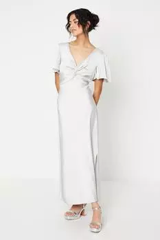 Миниатюрное атласное платье миди с рукавами ангела и подружками невесты Oasis, серебро