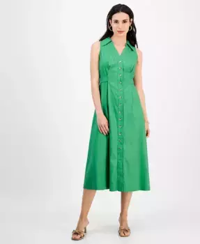 Миниатюрное бесшовное платье-рубашка с поясом из смесового льна I.N.C. International Concepts, зеленый