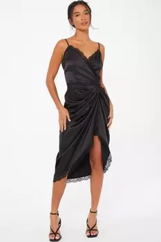 Миниатюрное черное атласное платье миди с кружевной отделкой QUIZ Clothing