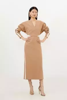 Миниатюрное компактное платье миди из эластичной ткани с контрастными вставками Karen Millen, бежевый