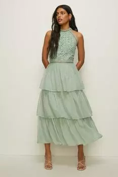 Миниатюрное кружевное многоярусное платье с бретелькой на шее Oasis, зеленый