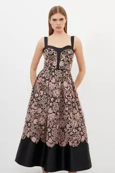 Миниатюрное кружевное тканое платье миди для выпускного вечера Karen Millen, черный