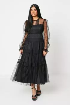Миниатюрное многоуровневое платье миди из сетчатой ткани с рюшами и кружевными вставками Oasis, черный