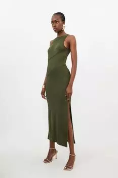 Миниатюрное облегающее трикотажное платье макси со швами из вискозы Karen Millen, хаки