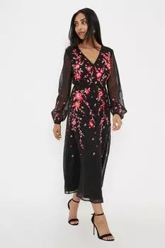 Миниатюрное платье добби миди с вышивкой Wallis, черный