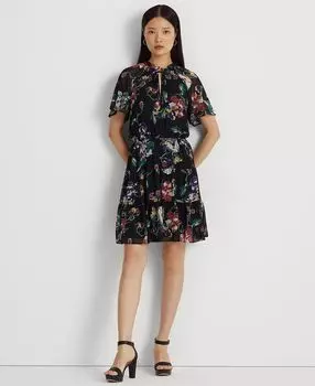 Миниатюрное платье из жоржета с развевающимися рукавами Lauren Ralph Lauren, черный