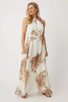 Миниатюрное платье макси с принтом перьев и завязкой на талии Wallis, белый