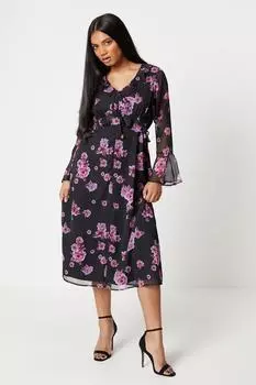 Миниатюрное платье миди с цветочным принтом и завязками Wallis, черный