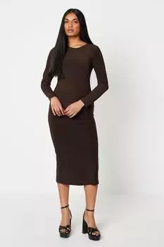 Миниатюрное платье миди с длинными рукавами и сборками по бокам Oasis, коричневый