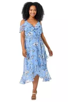 Миниатюрное платье миди с открытыми плечами и цветочным принтом Roman, синий