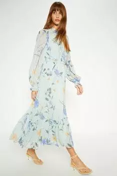 Миниатюрное платье миди с восточным цветочным принтом и кружевной отделкой Oasis, зеленый