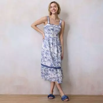 Миниатюрное платье миди с завязками Lc Lauren Conrad, цвет blue tropical toile