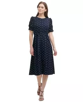 Миниатюрное платье миди в горошек с рюшами на рукавах DKNY, мульти