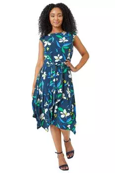 Миниатюрное платье с цветочным принтом и завязкой на талии Roman, синий