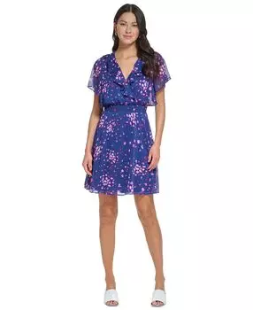 Миниатюрное платье с v-образным вырезом и присборенной талией с цветочным принтом и оборками DKNY, мульти