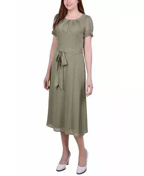 Миниатюрное платье в горошек с поясом и короткими рукавами NY Collection, мульти