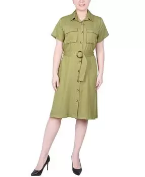 Миниатюрное платье в практичном стиле с короткими рукавами и поясом NY Collection, зеленый