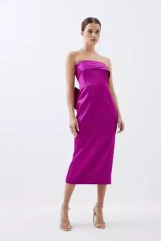 Миниатюрное приталенное платье миди из итальянского атласа-бандо с бантом Karen Millen, розовый