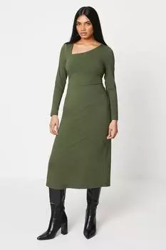 Миниатюрное простое трикотажное платье с асимметричным вырезом и длинными рукавами Oasis, хаки