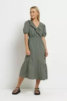 Миниатюрное пышное платье миди с запахом River Island, зеленый