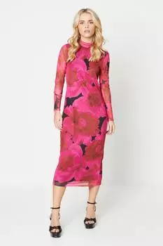 Миниатюрное сетчатое платье миди с длинными рукавами и воротником-воронкой Oasis, розовый