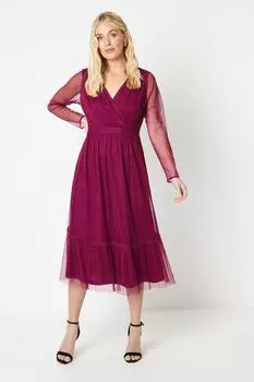 Миниатюрное сетчатое платье миди с рюшами Wallis, красный